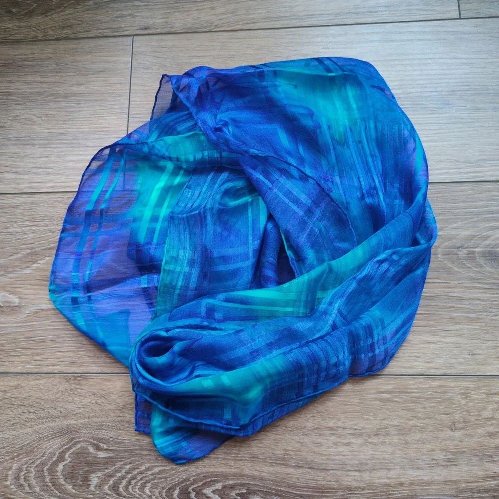 NWT Chico's Sheer Blue Geometric 100% Silk Scarf Teal Windowpane Oblong Stripe